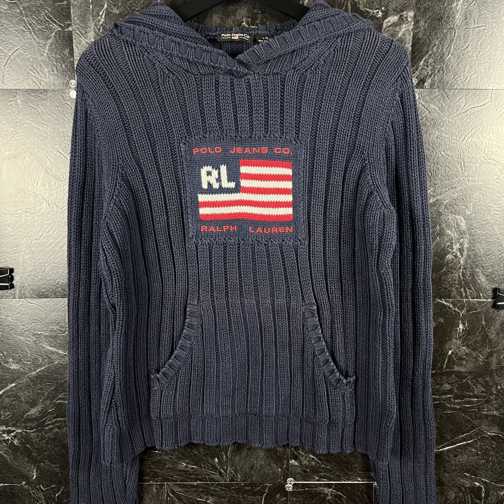 Polo Ralph Lauren Women's Co Vtg USA Flag Knit Hoodie Sweater Large